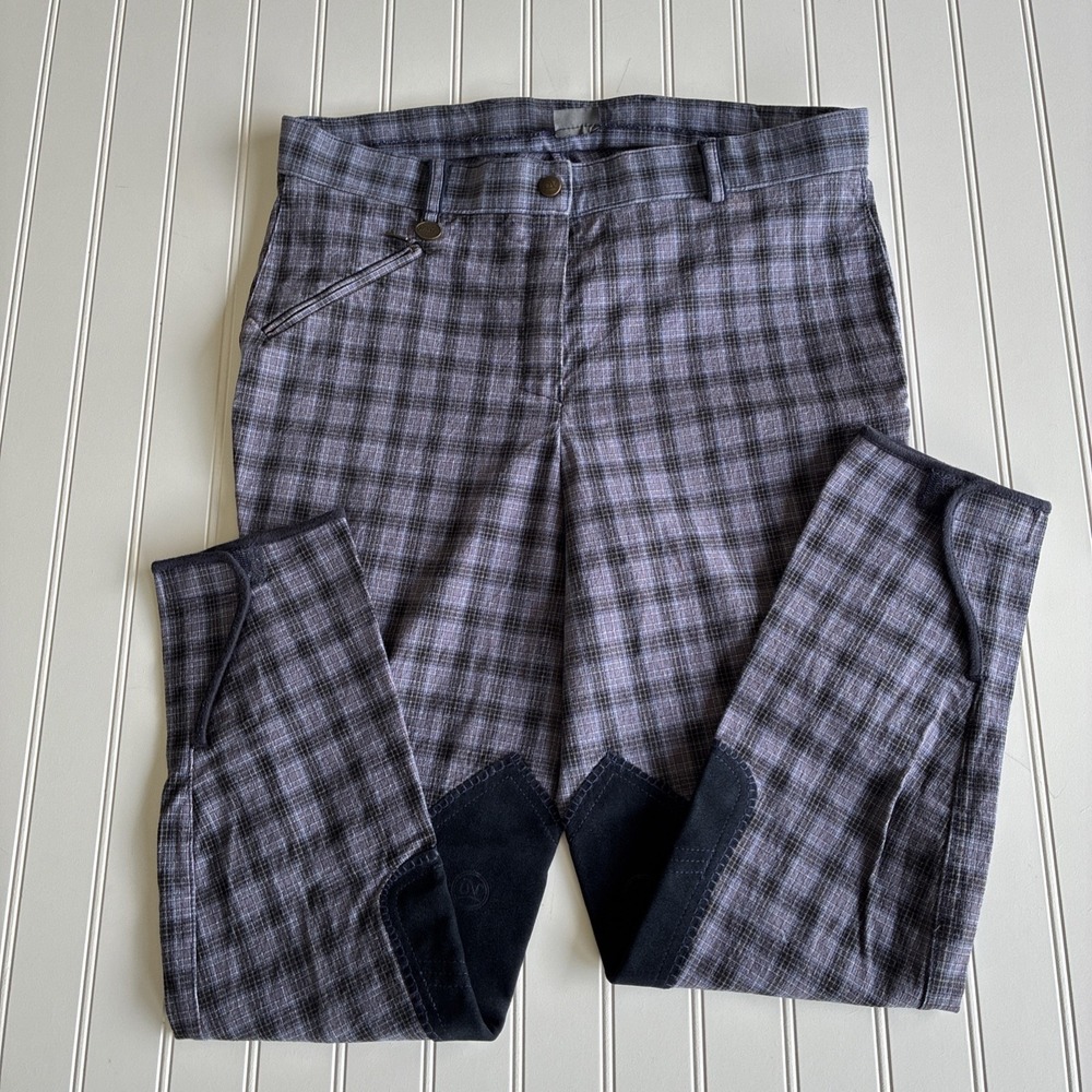 Ovation Breeches Womens 32R Plaid Denim Knee Patch Riding Pants Equestrian EUC